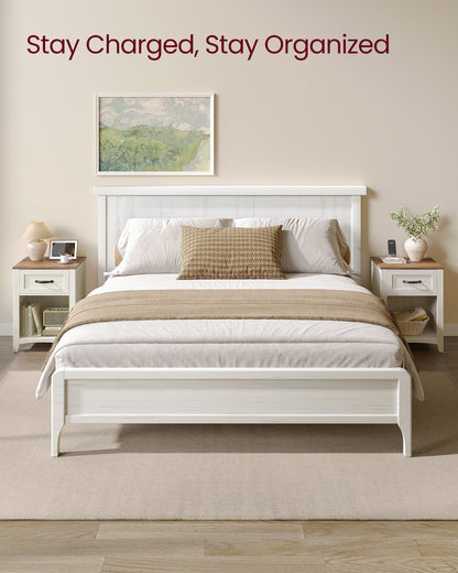 VASAGLE Farmhouse 2 Nightstands with Charging Station, Side Tables with Storage Rustic White and Honey Brown