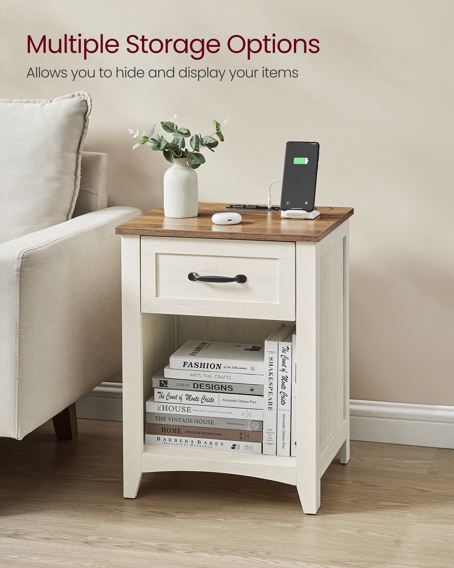 VASAGLE Farmhouse 2 Nightstands with Charging Station, Side Tables with Storage Rustic White and Honey Brown