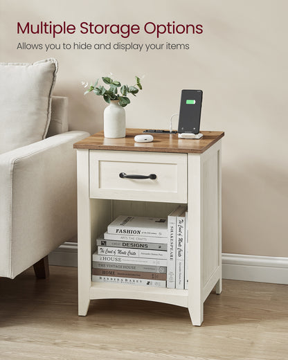 VASAGLE Farmhouse 2 Nightstands with Charging Station, Side Tables with Storage Rustic White and Honey Brown