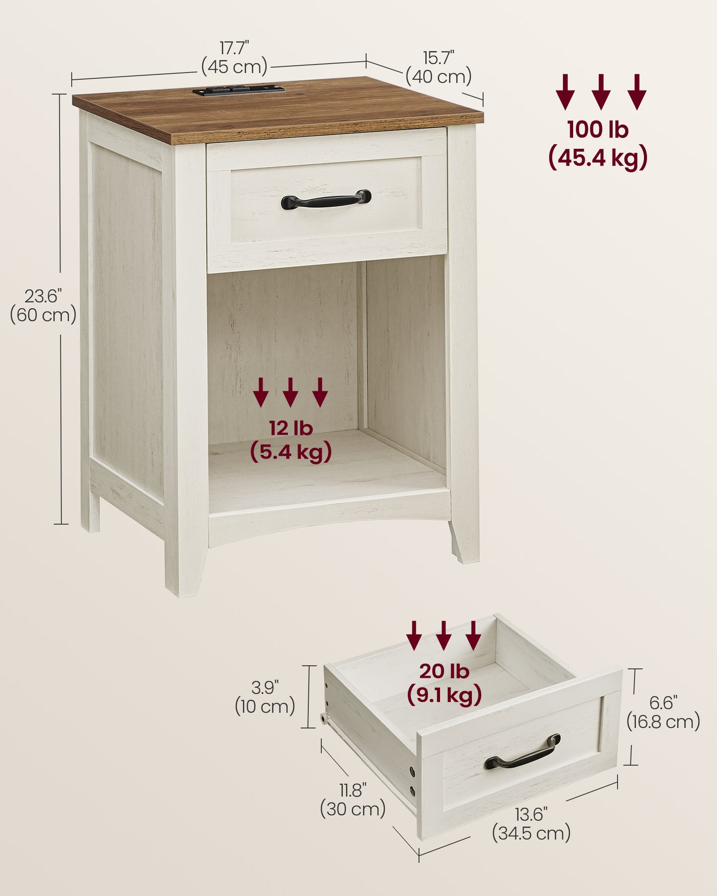 VASAGLE Farmhouse 2 Nightstands with Charging Station, Side Tables with Storage Rustic White and Honey Brown