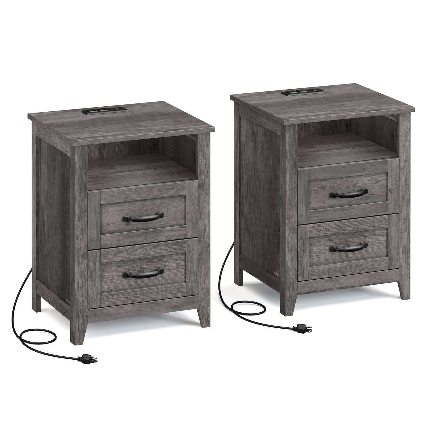 Set of 2 Farmhouse Nightstands with USB Charging - 2-Drawer Bedside Tables, Rustic Modern Design, Misty Gray