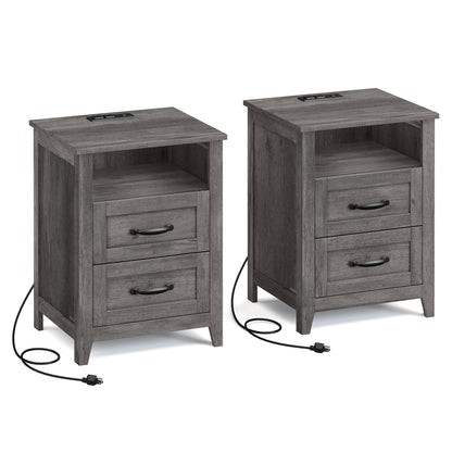 Set of 2 Farmhouse Nightstands with USB Charging - 2-Drawer Bedside Tables, Rustic Modern Design, Misty Gray