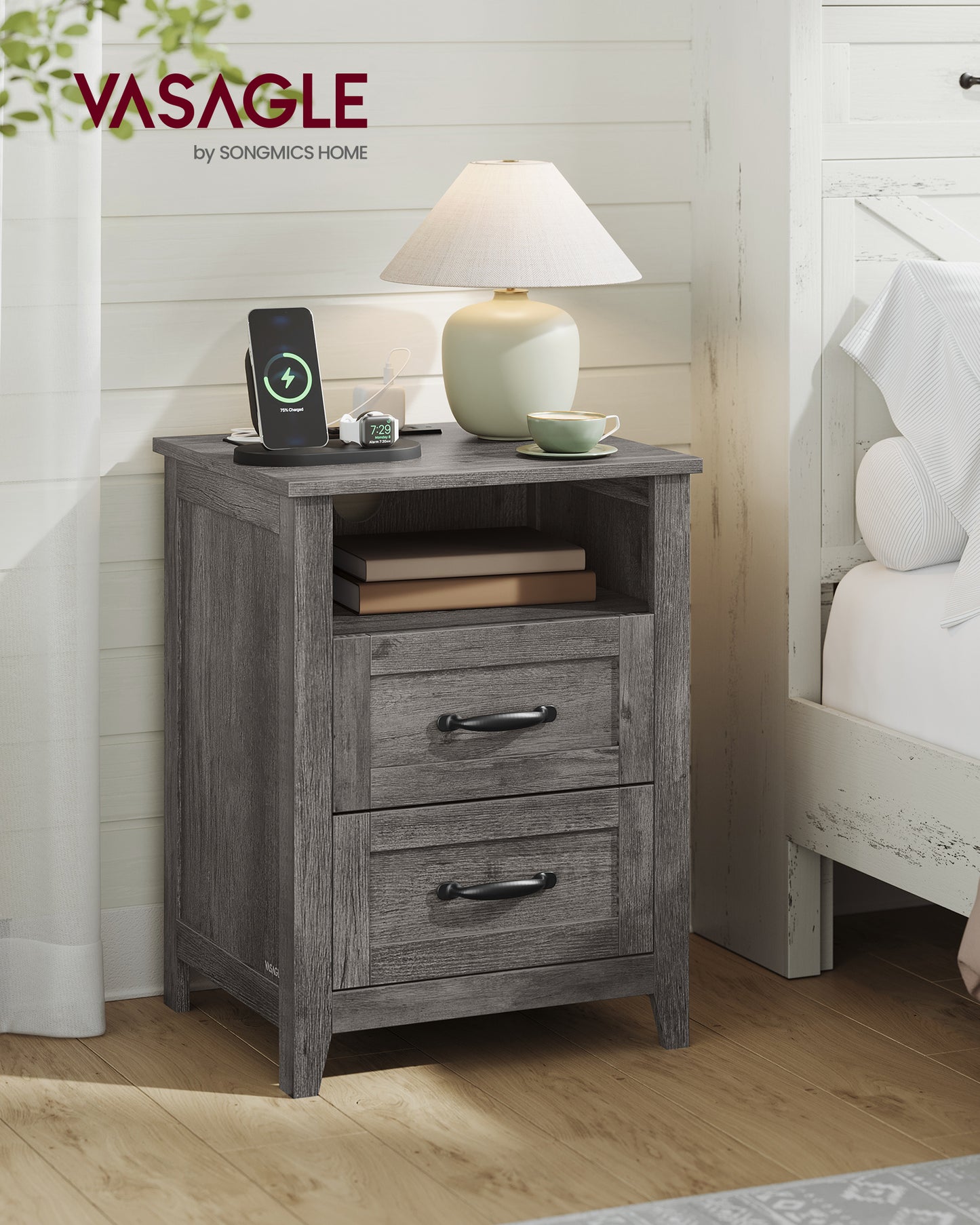 Set of 2 Farmhouse Nightstands with USB Charging - 2-Drawer Bedside Tables, Rustic Modern Design, Misty Gray
