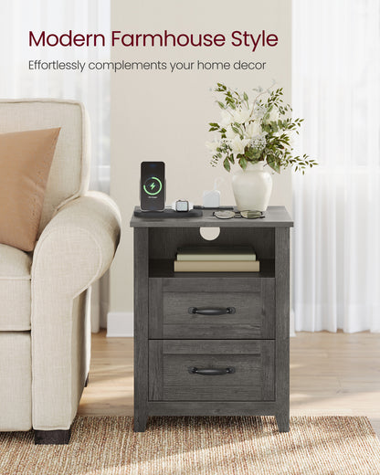 Set of 2 Farmhouse Nightstands with USB Charging - 2-Drawer Bedside Tables, Rustic Modern Design, Misty Gray