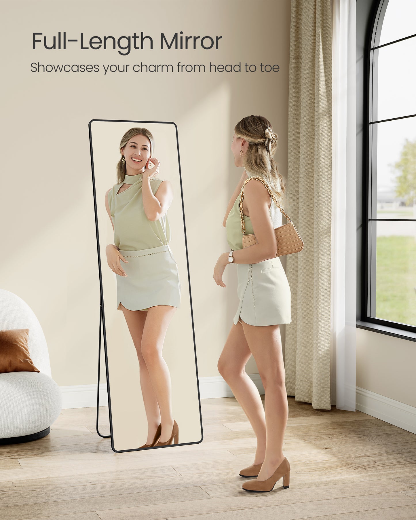 Ink Black Full - Length Mirror (63 x 20 Inches). Rectangle Full - Body Mirror with Stand, Aluminum Alloy Frame & Tempered Glass.