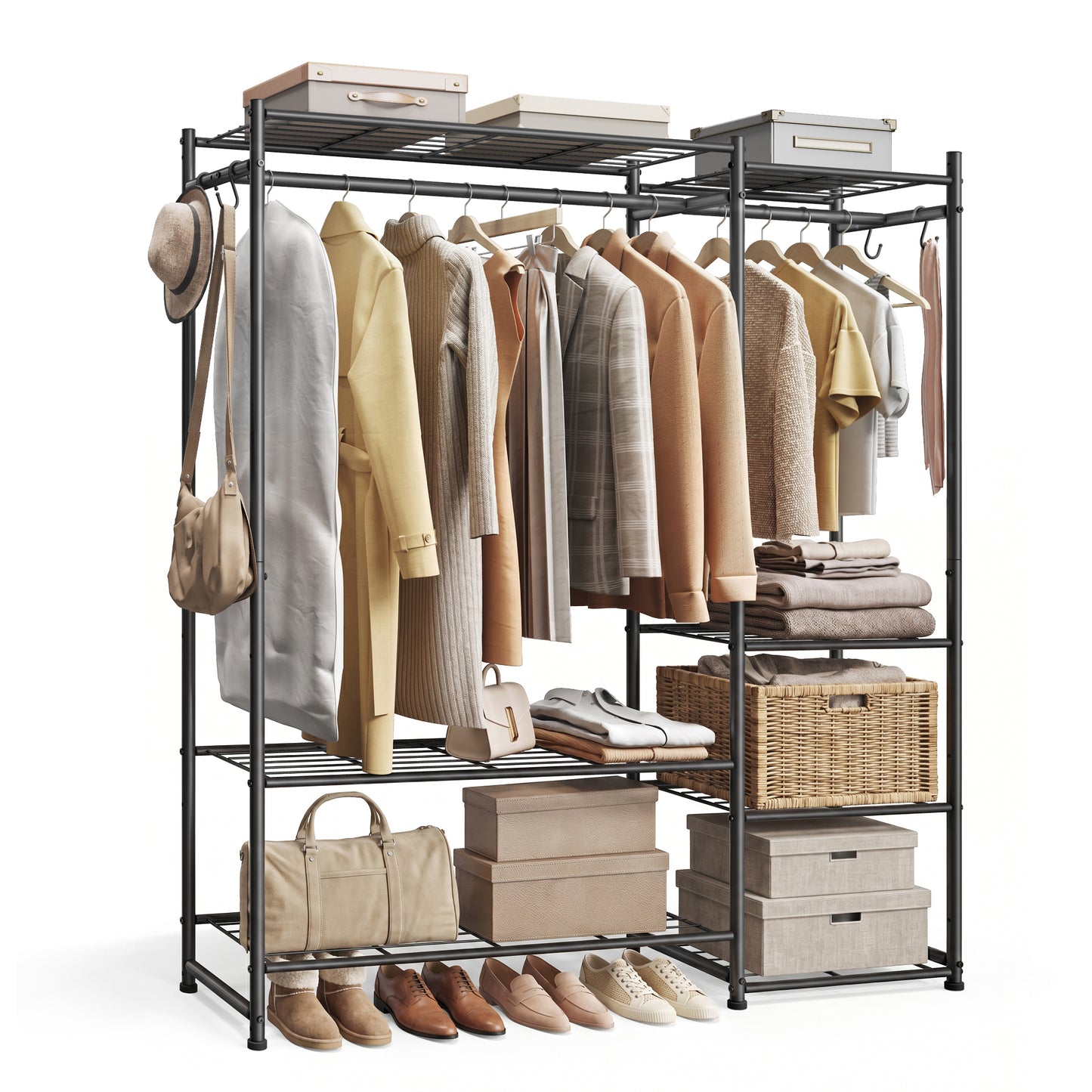 SONGMICS Portable Closet Wardrobe, Heavy-Duty Clothes Rack, Freestanding Clothing Rack with 7 Shelves, 2 Hanging Rods, 4 S‑Hooks, Metal Frame, for Bedroom, Entryway, Living Room, Black