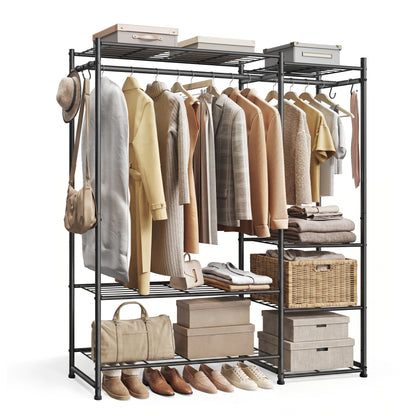 SONGMICS Portable Closet Wardrobe, Heavy-Duty Clothes Rack, Freestanding Clothing Rack with 7 Shelves, 2 Hanging Rods, 4 S‑Hooks, Metal Frame, for Bedroom, Entryway, Living Room, Black