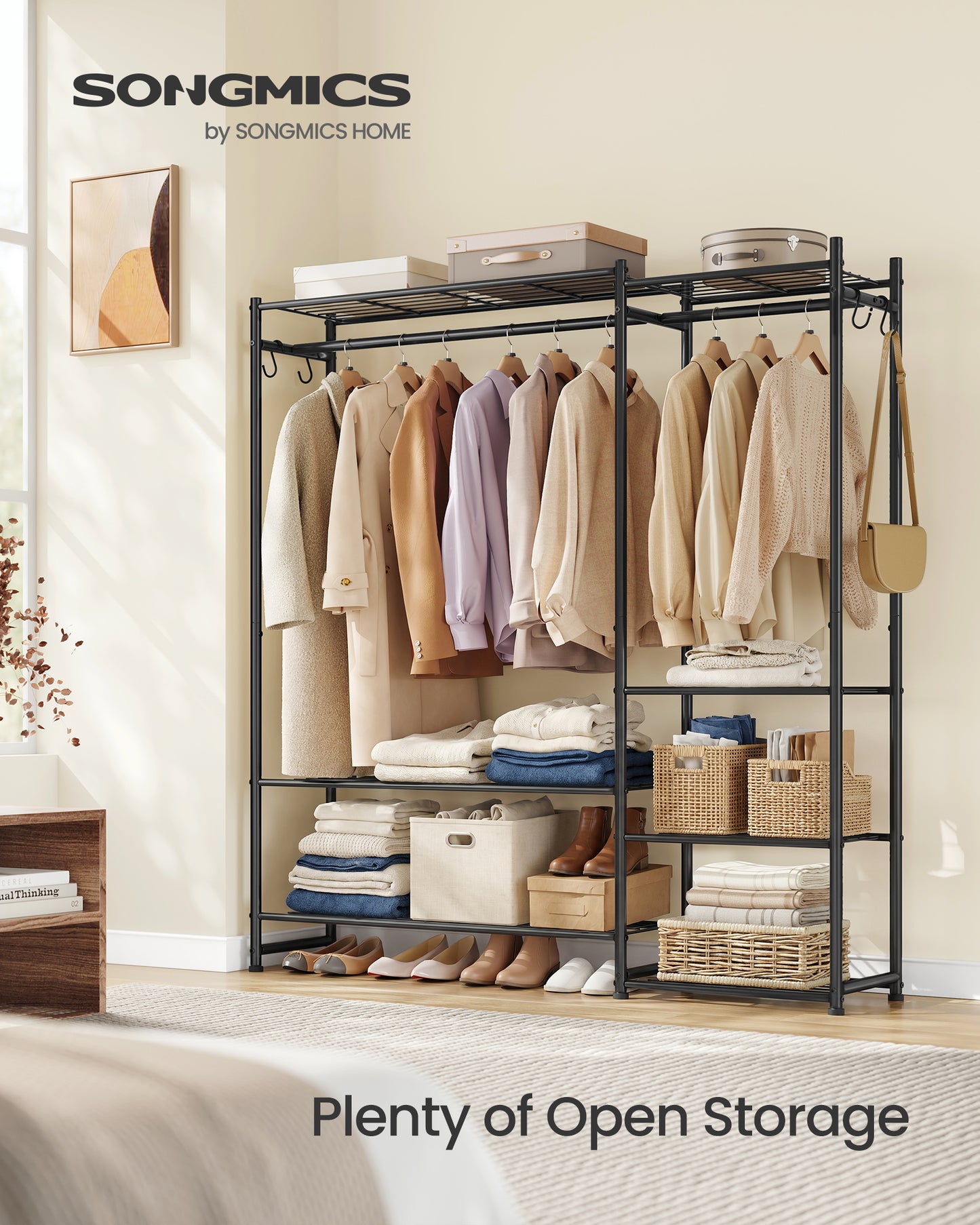 SONGMICS Portable Closet Wardrobe, Heavy-Duty Clothes Rack, Freestanding Clothing Rack with 7 Shelves, 2 Hanging Rods, 4 S‑Hooks, Metal Frame, for Bedroom, Entryway, Living Room, Black