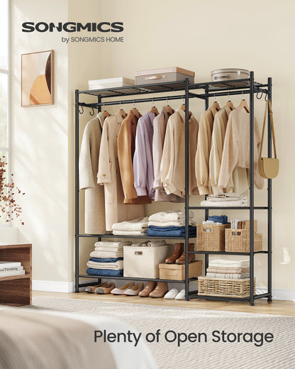 SONGMICS Portable Closet Wardrobe, Heavy-Duty Clothes Rack, Freestanding Clothing Rack with 7 Shelves, 2 Hanging Rods, 4 S‑Hooks, Metal Frame, for Bedroom, Entryway, Living Room, Black