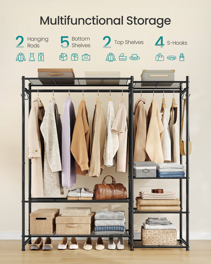SONGMICS Portable Closet Wardrobe, Heavy-Duty Clothes Rack, Freestanding Clothing Rack with 7 Shelves, 2 Hanging Rods, 4 S‑Hooks, Metal Frame, for Bedroom, Entryway, Living Room, Black
