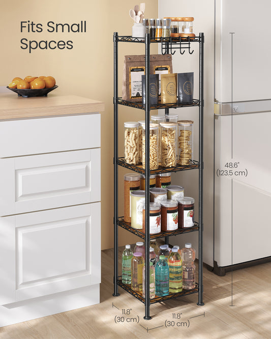 5-Tier Bathroom Shelf, Storage Rack for Small Space, with 5 PP Shelf Liners, Removable Hook, Extendable Design, Ink Black and Rustic Brown