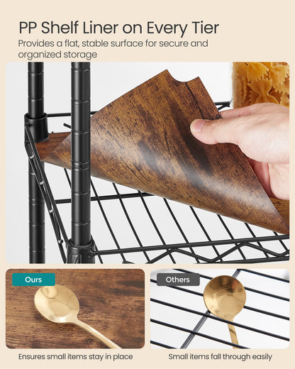 5-Tier Bathroom Shelf, Storage Rack for Small Space, with 5 PP Shelf Liners, Removable Hook, Extendable Design, Ink Black and Rustic Brown
