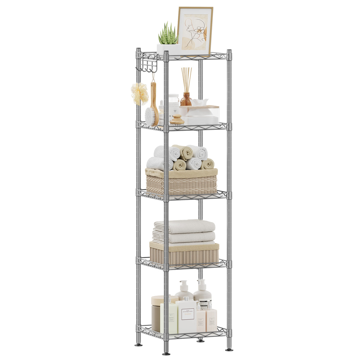 SONGMICS 5-Tier Bathroom Shelf, Storage Rack for Small Space, with 5 PP Shelf Liners, Removable Hook, Silver and Translucent