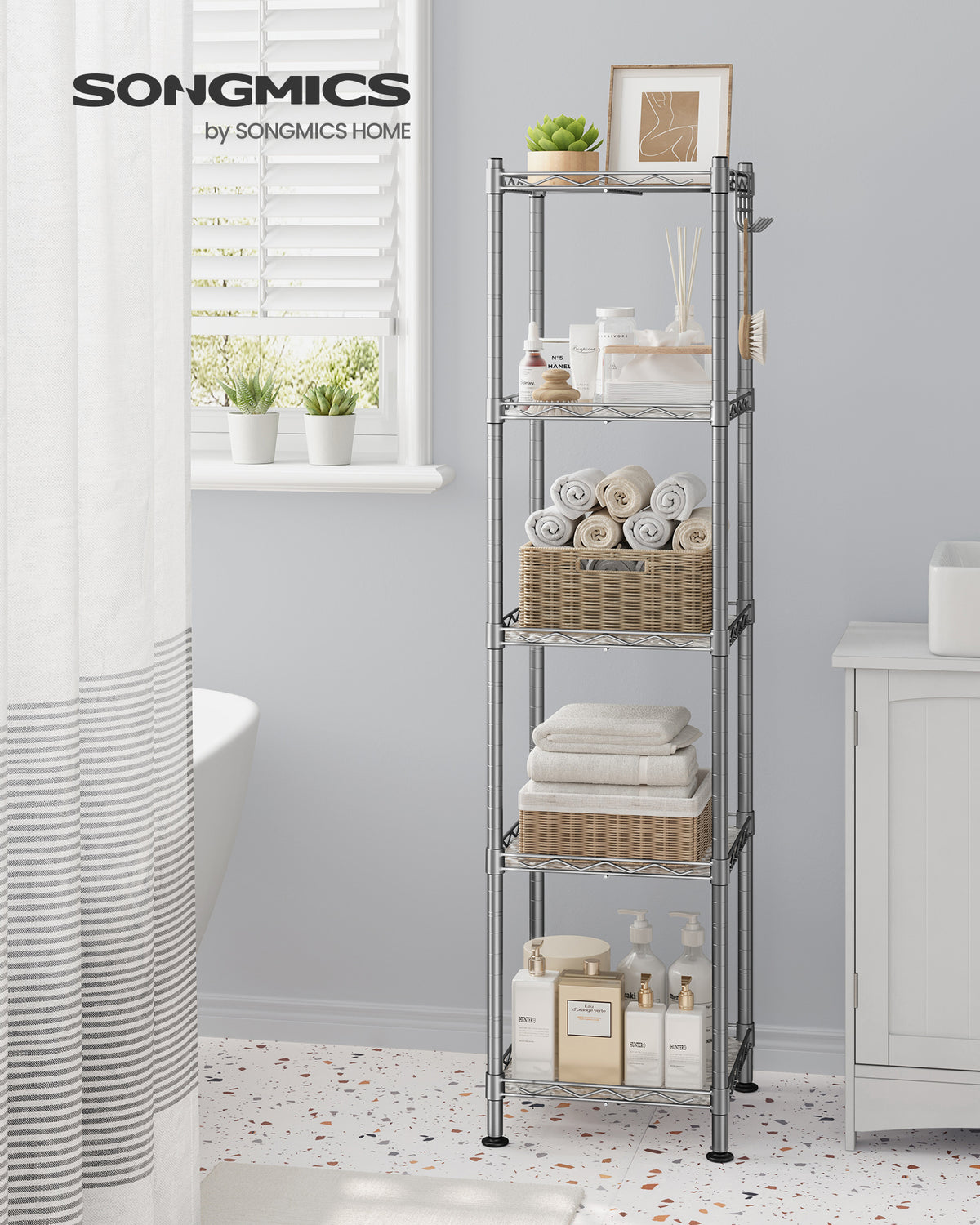 SONGMICS 5-Tier Bathroom Shelf, Storage Rack for Small Space, with 5 PP Shelf Liners, Removable Hook, Silver and Translucent