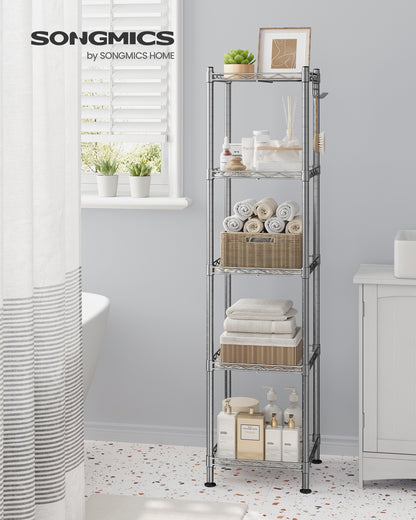 SONGMICS 5-Tier Bathroom Shelf, Storage Rack for Small Space, with 5 PP Shelf Liners, Removable Hook, Silver and Translucent