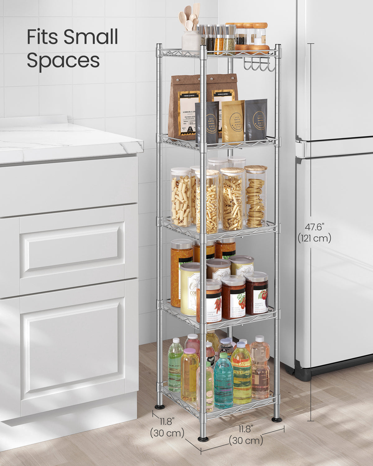 SONGMICS 5-Tier Bathroom Shelf, Storage Rack for Small Space, with 5 PP Shelf Liners, Removable Hook, Silver and Translucent