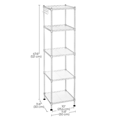 SONGMICS 5-Tier Bathroom Shelf, Storage Rack for Small Space, with 5 PP Shelf Liners, Removable Hook, Silver and Translucent