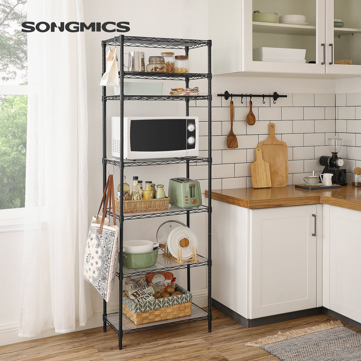 LEDREM 7-Tier Wire Shelving Unit - Kitchen Metal Shelves Storage Rack with Adjustable Shelves, Shelf Liners, 8 Hooks, 13.4 x 23.2 x 70.9 Inches, Black