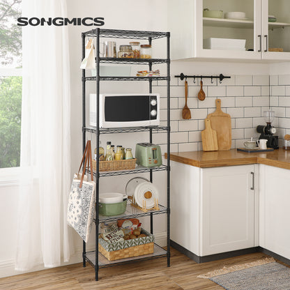 LEDREM 7-Tier Wire Shelving Unit - Kitchen Metal Shelves Storage Rack with Adjustable Shelves, Shelf Liners, 8 Hooks, 13.4 x 23.2 x 70.9 Inches, Black