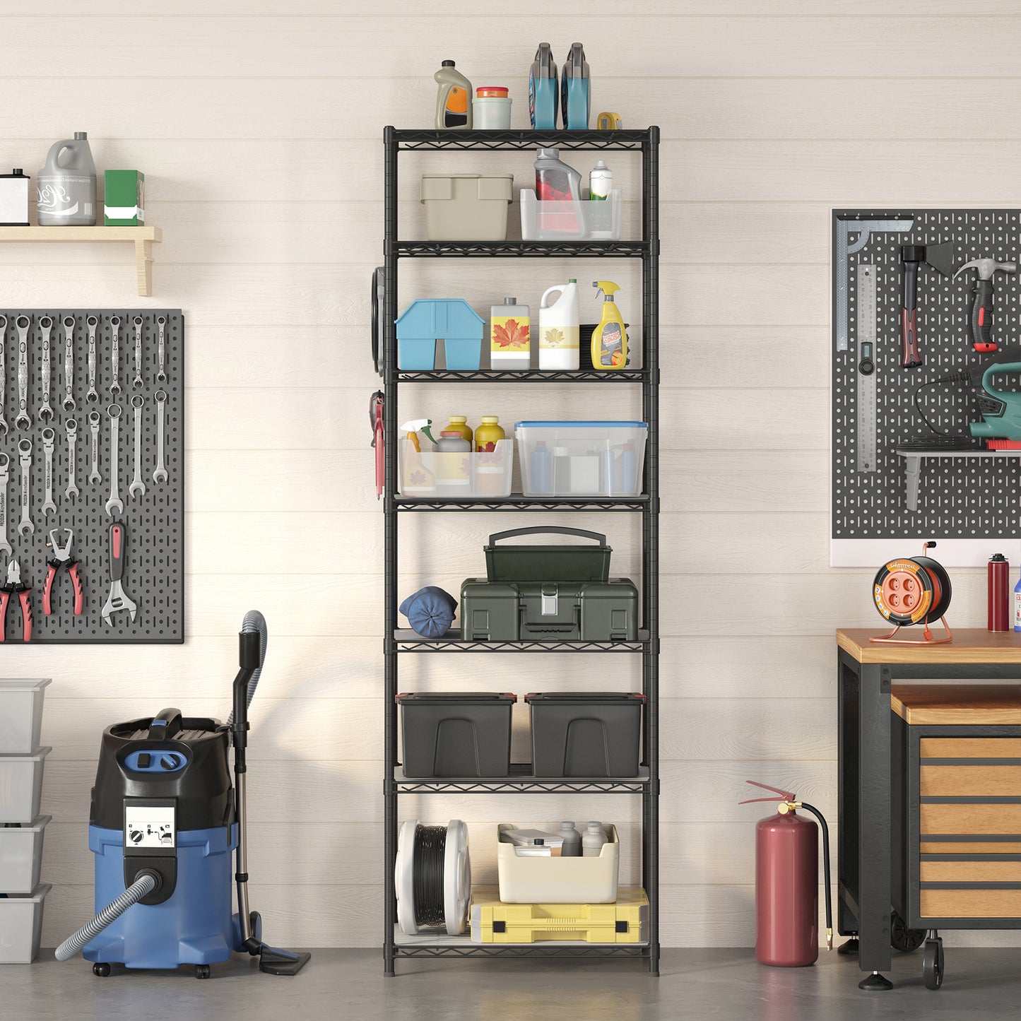 LEDREM 7-Tier Wire Shelving Unit - Kitchen Metal Shelves Storage Rack with Adjustable Shelves, Shelf Liners, 8 Hooks, 13.4 x 23.2 x 70.9 Inches, Black