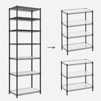 LEDREM 7-Tier Wire Shelving Unit - Kitchen Metal Shelves Storage Rack with Adjustable Shelves, Shelf Liners, 8 Hooks, 13.4 x 23.2 x 70.9 Inches, Black