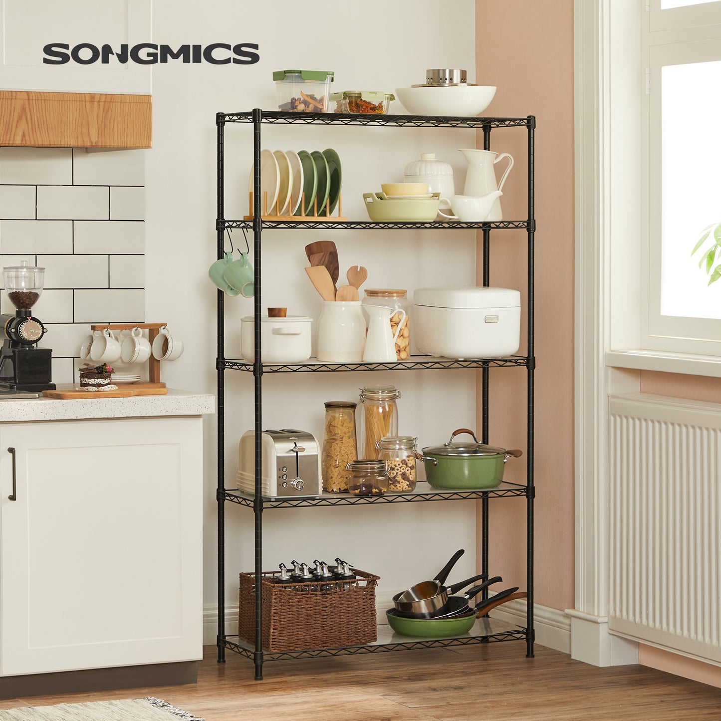 SONGMICS Garage Shelving, 5-Tier Wire Shelving Unit, Kitchen Storage Rack with Adjustable Shelves, Black