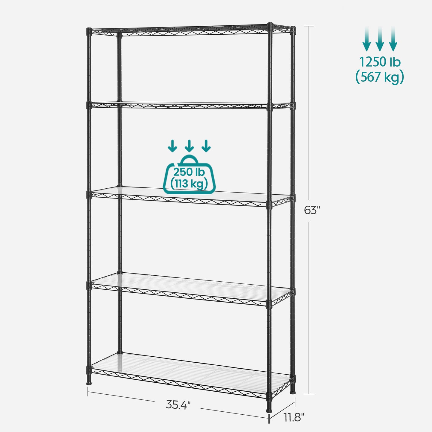 SONGMICS Garage Shelving, 5-Tier Wire Shelving Unit, Kitchen Storage Rack with Adjustable Shelves, Black