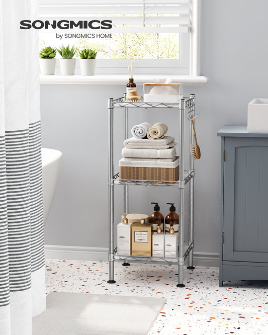 3-Tier Bathroom Shelf, Storage Rack for Small Space, with 3 PP Shelf Liners, Removable Hook, Extendable Design