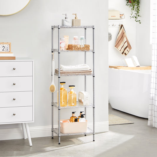 5-Tier Storage Shelves, Wire Shelving Unit, Kitchen Metal Shelves, Storage Rack with Adjustable Shelves, Shelf Liners, 8 Hooks, for Garage, 11.8 x 15.7 x 47.6 Inches, Silver