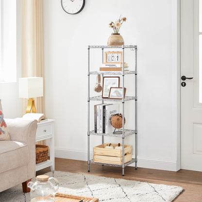 5-Tier Storage Shelves, Wire Shelving Unit, Kitchen Metal Shelves, Storage Rack with Adjustable Shelves, Shelf Liners, 8 Hooks, for Garage, 11.8 x 15.7 x 47.6 Inches, Silver