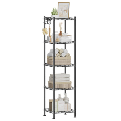 SONGMICS 5-Tier Bathroom Shelf, Storage Rack for Small Space, with 5 PP Shelf Liners, Removable Hook, Ink Black and Translucent
