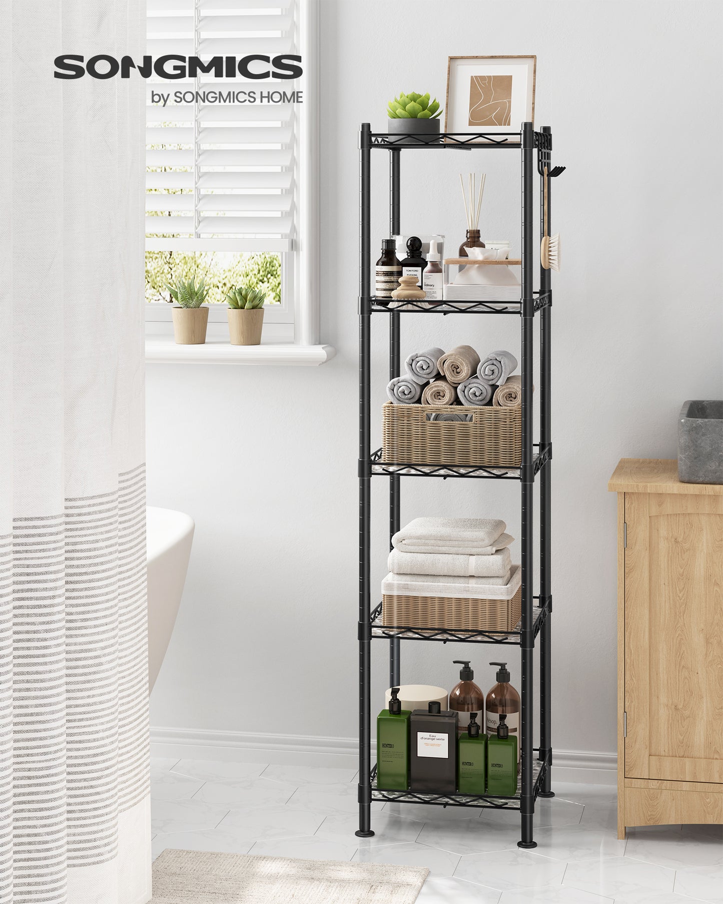 SONGMICS 5-Tier Bathroom Shelf, Storage Rack for Small Space, with 5 PP Shelf Liners, Removable Hook, Ink Black and Translucent