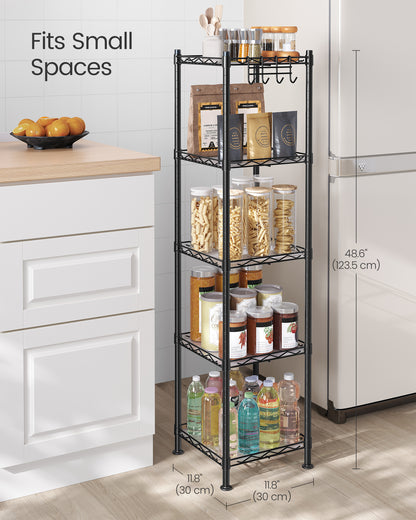 SONGMICS 5-Tier Bathroom Shelf, Storage Rack for Small Space, with 5 PP Shelf Liners, Removable Hook, Ink Black and Translucent
