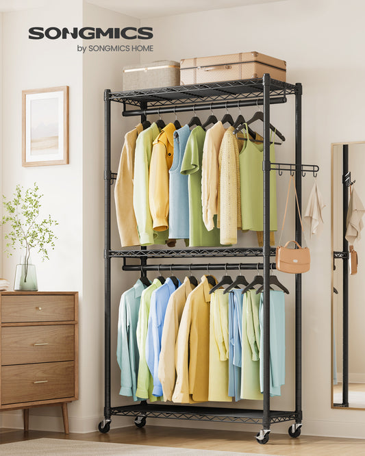 Garment Rack, Heavy-Duty Rolling Clothes Rack, Portable Closet Rack, 35.4-Inch Wide Clothing Rack with Adjustable Mesh Shelves and Hanging Rails, Hooks, Ink Black