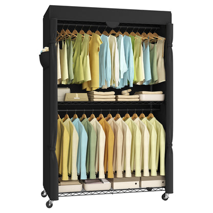 Ink Black Heavy - Duty Rolling Portable Closet - 43.3 - Inch Wide. Features Adjustable Mesh Shelves, Hanging Rails & Fabric Cover