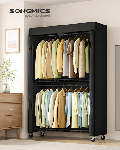 Ink Black Heavy - Duty Rolling Portable Closet - 43.3 - Inch Wide. Features Adjustable Mesh Shelves, Hanging Rails & Fabric Cover