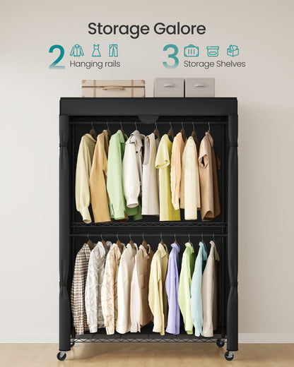 Ink Black Heavy - Duty Rolling Portable Closet - 43.3 - Inch Wide. Features Adjustable Mesh Shelves, Hanging Rails & Fabric Cover
