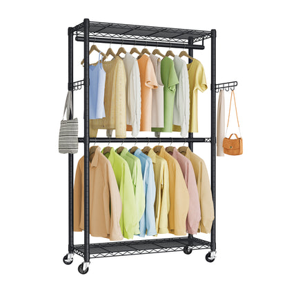 SONGMICS Heavy-Duty Rolling Clothes Rack, Garment Rack, Portable Closet on Wheels, with Adjustable Mesh Shelves and Hanging Rails, Hooks,Ink Black