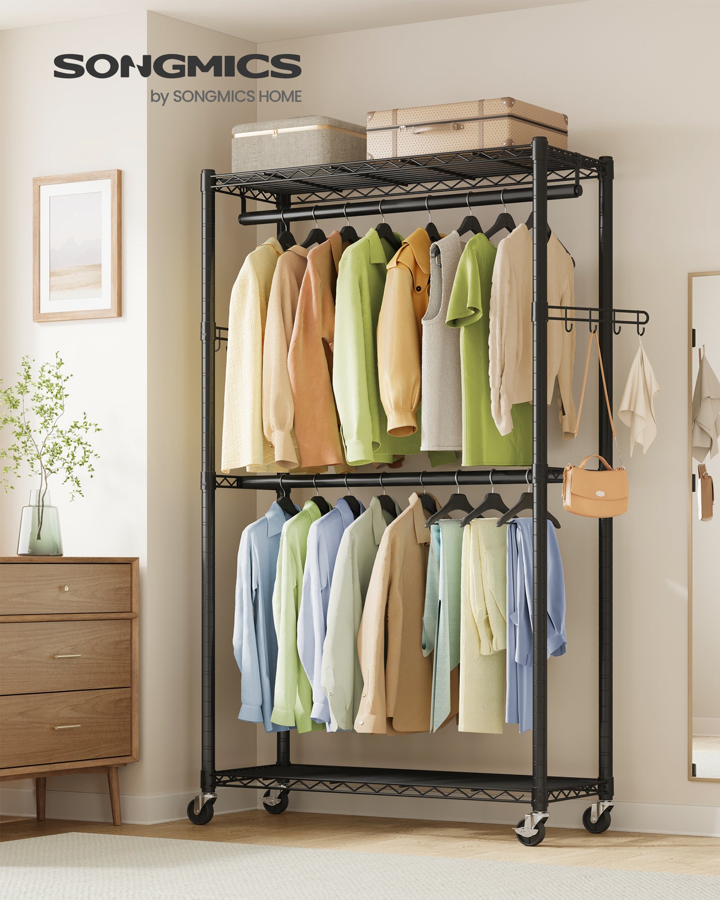 SONGMICS Heavy-Duty Rolling Clothes Rack, Garment Rack, Portable Closet on Wheels, with Adjustable Mesh Shelves and Hanging Rails, Hooks,Ink Black