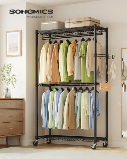 SONGMICS Heavy-Duty Rolling Clothes Rack, Garment Rack, Portable Closet on Wheels, with Adjustable Mesh Shelves and Hanging Rails, Hooks,Ink Black