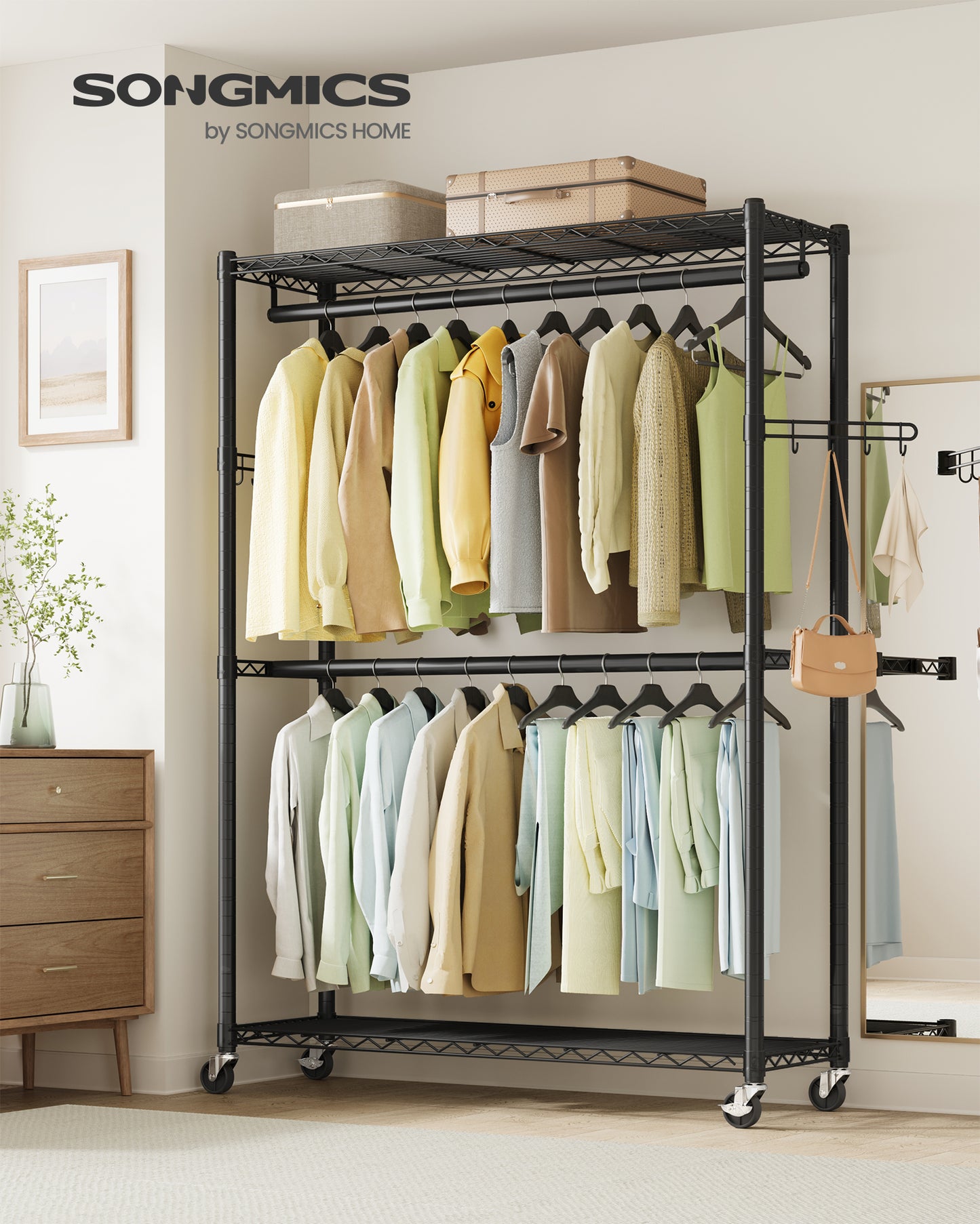 SONGMICS Heavy-Duty Rolling Clothes Rack, Garment Rack, Portable Closet on Wheels, with Adjustable Mesh Shelves and Hanging Rails, Hooks, Ink Black