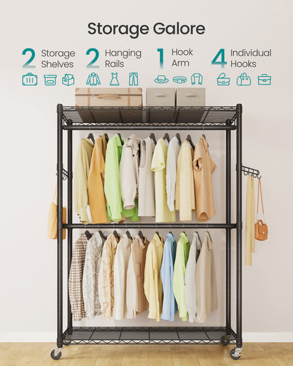 SONGMICS Heavy-Duty Rolling Clothes Rack, Garment Rack, Portable Closet on Wheels, with Adjustable Mesh Shelves and Hanging Rails, Hooks, Ink Black