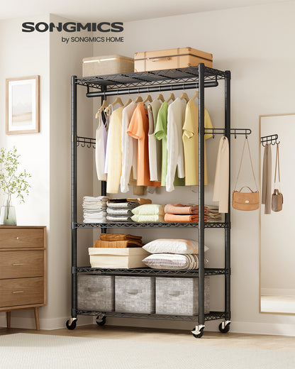 SONGMICS Heavy-Duty Rolling Clothes Rack, Garment Rack, Portable Closet on Wheels, with Adjustable Mesh Shelves and Hanging Rails, Hooks, Ink Black