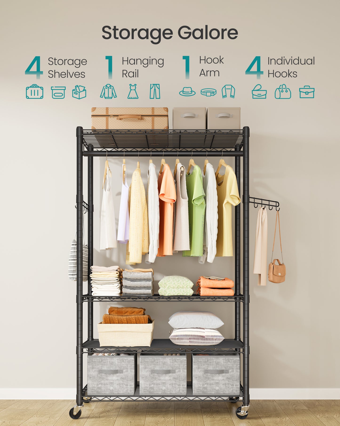 SONGMICS Heavy-Duty Rolling Clothes Rack, Garment Rack, Portable Closet on Wheels, with Adjustable Mesh Shelves and Hanging Rails, Hooks, Ink Black