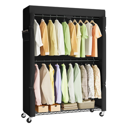 SONGMICS Heavy-Duty Rolling Clothes Rack, Portable Closet with Wheels, with Adjustable Mesh Shelves and Hanging Rails, Fabric Cover, Ink Black