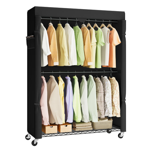 SONGMICS Heavy-Duty Rolling Clothes Rack, Portable Closet with Wheels, with Adjustable Mesh Shelves and Hanging Rails, Fabric Cover, Ink Black