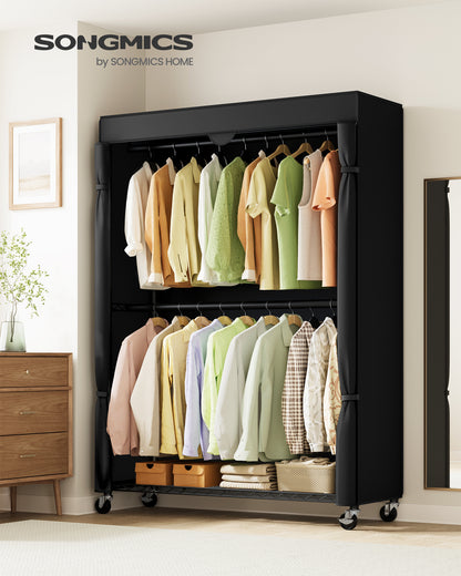 SONGMICS Heavy-Duty Rolling Clothes Rack, Portable Closet with Wheels, with Adjustable Mesh Shelves and Hanging Rails, Fabric Cover, Ink Black