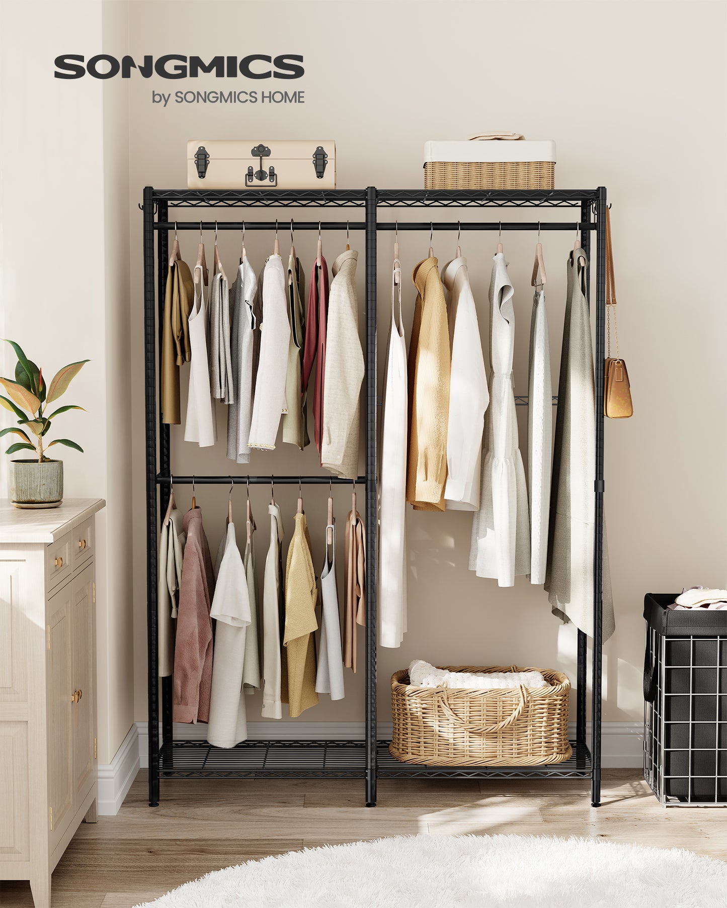 SONGMICS Clothes Rack, Freestanding Wardrobe Closet, Metal Clothing Racks, Heavy-Duty Garment Rack with Adjustable Wire Shelves, Ink Black