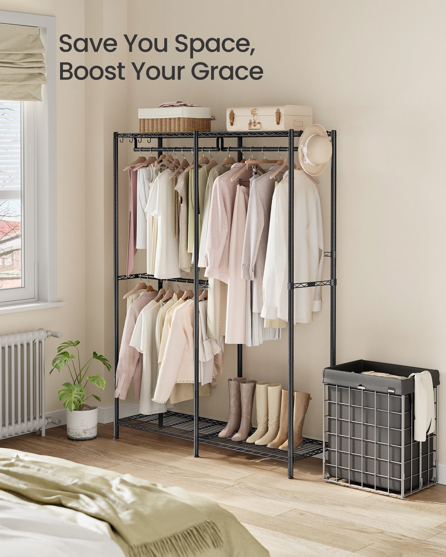SONGMICS Clothes Rack, Freestanding Wardrobe Closet, Metal Clothing Racks, Heavy-Duty Garment Rack with Adjustable Wire Shelves, Ink Black