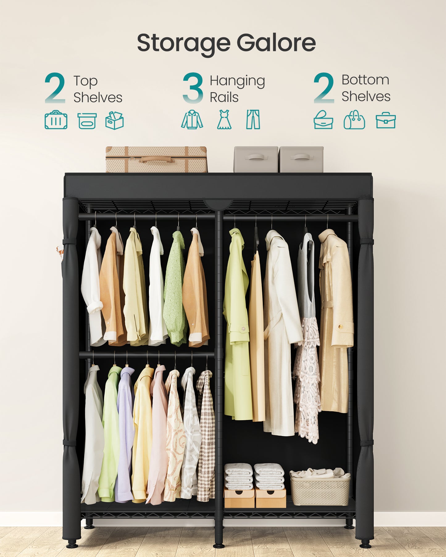 SONGMICS Clothing Rack, Heavy-Duty Garment Rack with Adjustable Storage Shelves and Hanging Rails, Fabric Cover, Portable Closet, Cloud White